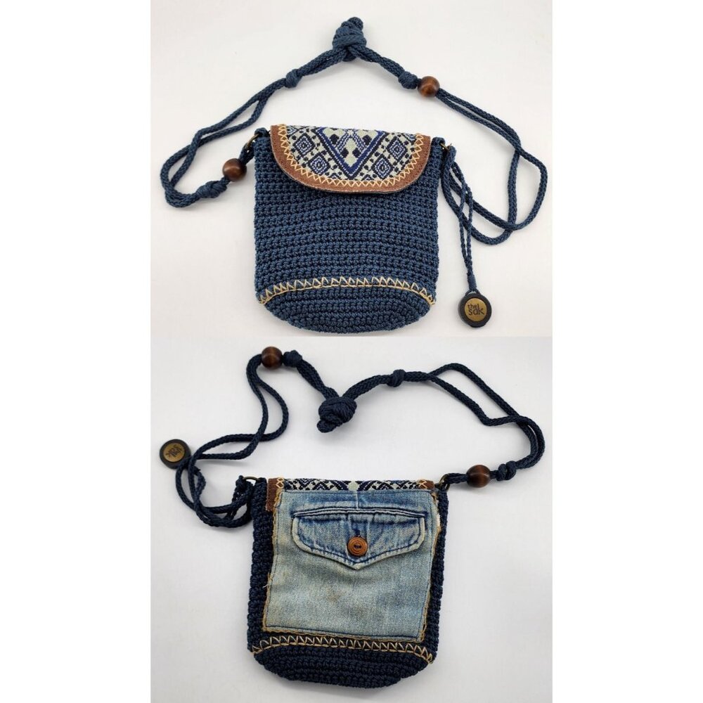The Sak Blue Crochet Crossbody Purse Aztec Design/Customized Jeans Pocket Patch